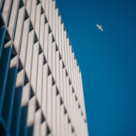 Foto de um edifício moderno com fachada de janelas e painéis inclinados, capturada de um ângulo baixo contra um céu azul. Uma gaivota voa ao fundo